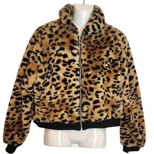 No Boundries Women's 2XG 2XL Leopard Print Faux Fur Crop Bomber Jacket Coat